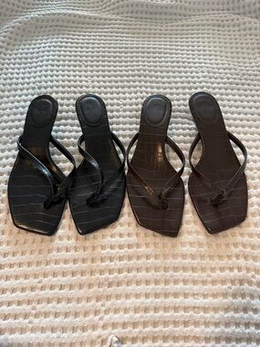 H&M Croc-Embossed Square Toe Flip Flop Sandals - Black & Brown